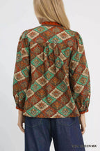 Umgee Abstract Print Ruffle Neck Top