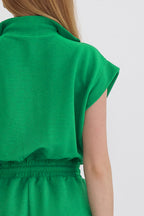 Bright Green Textured Short Sleeve Half Zip Drawstring Waist Romper
