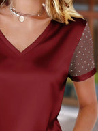 Polka Dot Mesh Sleeve Satin Short Sleeve Top