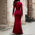 Womens Solid-Color V-Neck Velvet High-Waist Dress With Side Slit