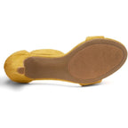 New Herstyle Women 7 Mustard Yellow Faux Suede 3.5" Heel Open Toe Sandals w Flaw