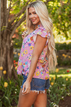 Pink Flutter Sleeve V Neck Floral Top