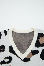 Jet Stream Leopard Print Color Block Patchwork Sleeve V Neck Sweater