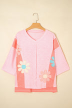 Green Flower Patched Exposed Seam 3/4 Sleeve top