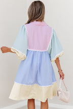 Multicolour Striped Patchwork Ric Rac Puff Sleeve Collared Mini Dress