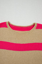 Pink Stripe Colorblock Short Sleeve Crew Neck Lightweight Sweater