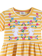 Children's Striped Bunny Embroidered Round Neck Dress