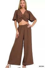Zenana Woven Airflow Twisted Top & Wide Leg Pants Set