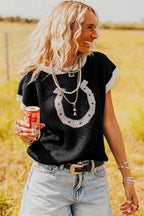Black Horse Shoe Pattern Contrast Trim Short Sleeve Sweater