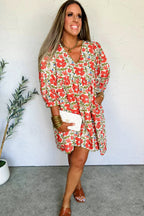 Red Floral Print Ricrac Trim V Neck 3/4 Sleeve Loose Mini Dress