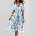 Chiffon Print V-Neck Dress – Elegant Two-Piece Set Midi Dress