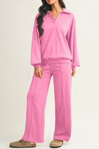 Dark Khaki Polo Collar V Neck Pullover and Drawstring Sweatpants Set