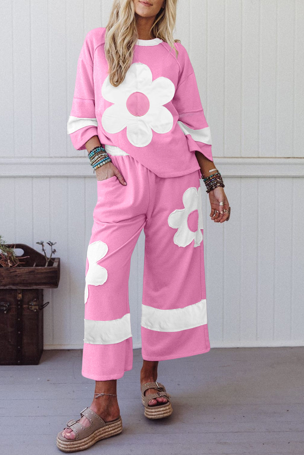 Orchid Bouquet Flower Patched Raw Seam Colorblock Loose Pants Set