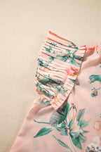 Pink Floral Print Frill V Neck Pleated Sleeve Blouse