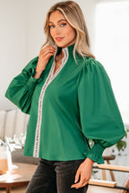 Black Puffy Flounce Sleeve Leopard Trim V Neck Blouse