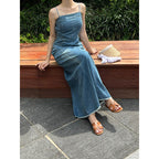 Elegant Figure-flattering Denim Slip Dress With A Side Slit