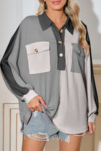 Gray Colorblock Patchwork Ribbed Oversized Henley Sweatshirt