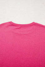 Strawberry Pink Floral Hemline Patchwork Round Neck Casual Top