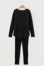 Black Ribbed Notched Neck Knit Long Sleeve Leggings Two Pieces Lounge Set