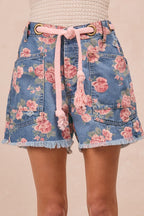 BiBi Braided Waist Belt Patch Pockets Floral Print Denim Shorts