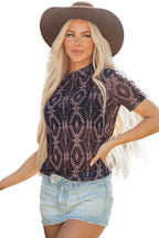 Brown Aztec Print Mock Neck Short Sleeve Mesh T Shirt