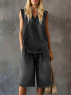 Women's V-Neck Sleeveless Loose Top & Wide-Leg Shorts Set