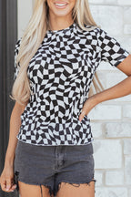 Khaki Checkered Print Mock Neck Mesh T Shirt