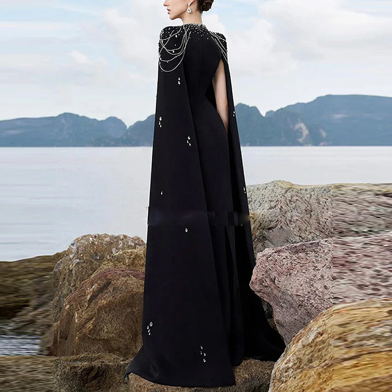 Beaded Lanyard Shawl Sleeve And Floor Long Dress