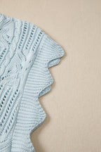 Mint Green Pointelle Knit Patterned Scalloped Trim Short Sleeve Sweater