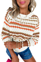Khaki Striped Eyelet Pattern Drop Shoulder Sweater