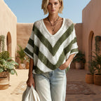 Women's V-Neck Knit Sweater – Loose Fit, Drop Shoulder, 3/4 Sleeve