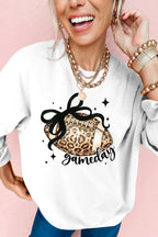 White Game Day Leopard Football Graphic Heat Transfer Printing Crew Neck Sweatshirt