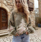 Womens Crew-neck Long-sleeve Printed Sweater