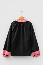 Black Color Block Patchwork Detail V Neck Textured Long Sleeve Blouse