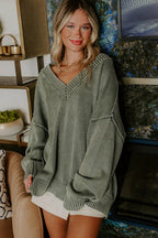 Black Mineral Wash V Neck Knit Exposed Seam Drop Shoulder Loose Sweater