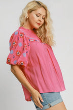 Umgee Full Size Embroidered Puff Sleeve Mock Neck Top Plus Size