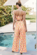 Pink Boho Floral Bandeau Top and High Waist Wide Leg Pants Set