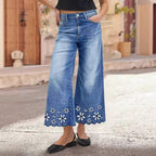 Chrysanthemum Embroidered Cropped Denim Jeans – Women's Loose Straight-Leg