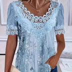 Women's Lace Patchwork Crew Neck Short Sleeve T-Shirt