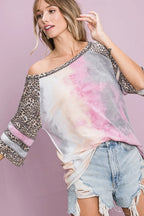 BiBi Tiedye French Terry with Leopard Sleeve Top
