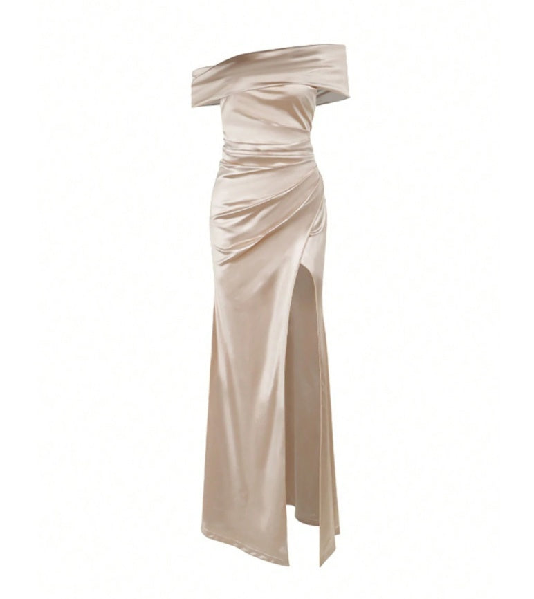 Elegant Off Shoulder Satin Slit Dress, Wedding Extra Long Formal Gown, Christmas Party Dress, Bridesmaid Dress