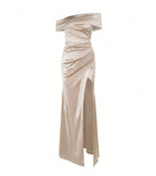Elegant Off Shoulder Satin Slit Dress, Wedding Extra Long Formal Gown, Christmas Party Dress, Bridesmaid Dress