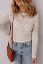 Light Pink Semi Sheer Lace Long Sleeve Cropped Top