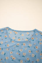 Sky Blue Vintage Floral Print Southern Style Mesh Long Sleeve Top