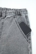 Prussian Blue Drawstring Seam Detail Raw Hem Wide Leg Denim Pants