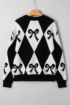 Red Bow Print 2-tone Rhombus Knit Loose Sweater