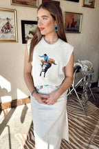 White Western Cowboy Embroidery Round Neck Sleeveless Sweater