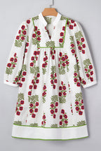 White Frilled V Neck 3/4 Sleeve Loose Floral Dress