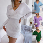 Cross V-Neck Bat-Sleeve Hairy Dress – Autumn/Winter