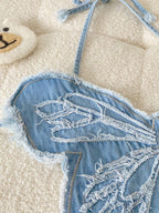 Embroidered Camisole With Butterfly Theme Sexy Blue Stage Performance Top For Girl Groups